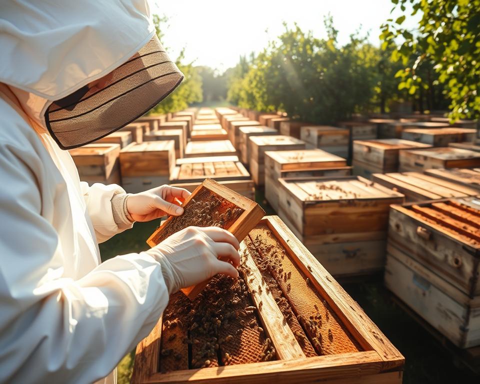 A beekeeper clad in a white protective suit carefully inspects a wooden beehive, scrutinizing the frames within for signs of the queen and healthy brood. Sunlight filters through the apiary, casting a warm, golden glow over the scene. In the foreground, the beekeeper's hands deftly maneuver the delicate honeycomb, observing the busy activity of the worker bees. The middle ground reveals rows of identical hives, their weathered exteriors suggesting a well-established operation. In the background, lush green foliage frames the tranquil setting, hinting at the abundance of nectar-bearing flowers that sustain the colony. The overall atmosphere conveys a sense of focused dedication and reverence for the intricate workings of the hive.
