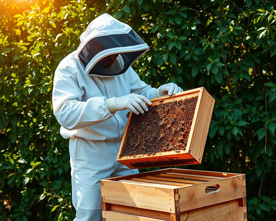 A beekeeper in a white protective suit, gently inspecting the frames of a nucleus hive (Nuc) on a sunny day. The Nuc is placed on a wooden stand, surrounded by lush green foliage. Warm, natural lighting filters through the leaves, casting a soft glow on the scene. The beekeeper's movements are deliberate and focused, as they carefully examine the brood, honey, and overall health of the colony. The image conveys a sense of care, attention, and the importance of properly managing a Nuc for a successful beekeeping operation.