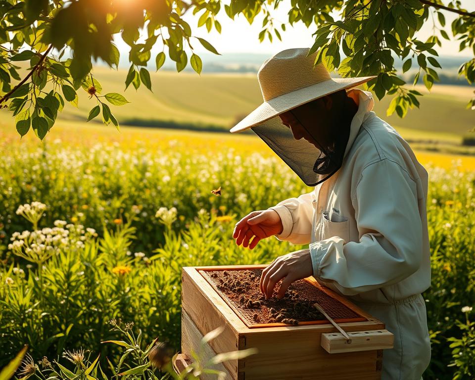 A beekeeper in a wide-brimmed hat and protective suit, carefully inspecting a wooden beehive amidst a lush, verdant garden. Sunlight filters through the leaves, casting a warm, golden glow on the scene. Honeybees buzz industriously around the hive, their delicate wings beating the air. In the background, a rolling meadow dotted with wildflowers stretches towards a distant horizon. The atmosphere exudes a sense of tranquility and the harmony between humans and nature.