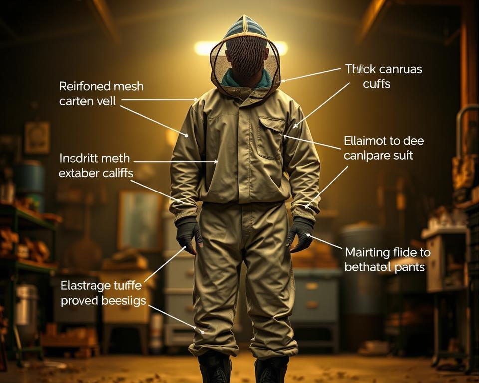 A beekeeper stands in a dimly lit workshop, wearing a protective suit that shields them from the buzzing swarm. The jacket features a reinforced mesh veil, a thick canvas exterior, and elasticated cuffs to prevent bee stings. The pants are made of durable material, tucked into sturdy boots. Subtle lighting from above casts a warm glow, highlighting the intricate details of the gear. The background is blurred, emphasizing the focus on the beekeeper's attire, conveying a sense of professionalism and safety. This image showcases the essential equipment needed to maintain and care for one's bee-related gear, ready to withstand the demands of beekeeping.