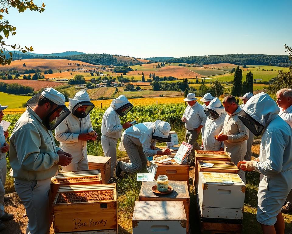 A bustling beekeeping association gathering, set in a warm, sun-dappled outdoor scene. In the foreground, a group of beekeepers in protective gear tending to their hives, examining frames and sharing knowledge. In the middle ground, a display table showcases local honey, beeswax products, and educational materials. Behind them, a picturesque rural landscape with rolling hills, lush greenery, and a clear blue sky. The atmosphere is one of collaboration, community, and a shared passion for protecting and nurturing these vital pollinators. Soft, diffused lighting casts a golden glow over the scene, evoking a sense of tranquility and harmony.