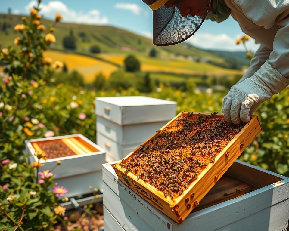 A bustling nucleus hive apiary, surrounded by lush greenery and blooming flowers. In the foreground, a beekeeper carefully inspects a new honeycomb frame, teeming with activity as worker bees construct and expand the colony. The middle ground features additional hive boxes, stacked and ready for the hive's growth, their crisp white exteriors contrasting with the vibrant natural setting. In the background, a verdant landscape of rolling hills and a clear, azure sky, capturing the essence of a thriving, productive apiary. Warm, golden natural lighting bathes the scene, evoking a sense of industrious harmony and the promise of a bountiful honey harvest.
