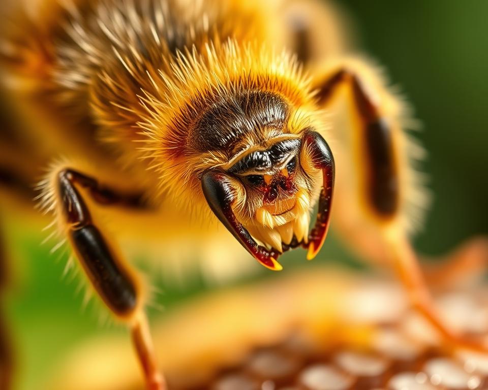 A close-up, highly detailed image of a varroa mite on a honeybee, shot with a macro lens in natural sunlight. The mite is prominently featured in the center of the frame, its segmented body and piercing mouthparts clearly visible. The bee's abdomen and legs provide a textured, organic backdrop, emphasizing the parasitic relationship. The lighting is soft and diffused, casting subtle shadows that accentuate the mite's form. The depth of field is shallow, keeping the mite in sharp focus while blurring the surrounding bee's features. The overall tone is one of scientific observation, highlighting the impact of this destructive pest on the health of the hive.