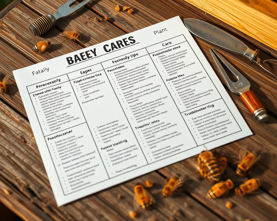 A close-up, highly detailed photograph of a comprehensive honey bee care plan, captured under natural lighting with a shallow depth of field. The plan is displayed on a weathered wooden surface, with a few stray honeycomb fragments and beekeeping tools scattered around it. The plan outlines various seasonal tasks, preventative measures, and troubleshooting tips, all presented in a neatly organized and easy-to-follow format. The overall mood is one of practical, hands-on beekeeping knowledge, conveying a sense of expertise and attention to the needs of these essential pollinators.
