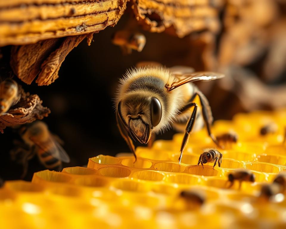 A close-up shot of a honeybee under warm, natural lighting, examining a honeycomb for signs of pest infestation or disease. The bee's compound eyes and fuzzy, striped abdomen are in sharp focus, capturing its diligent inspection of the waxy, golden comb. In the hazy background, the entrance to a rustic, wooden beehive is visible, with a few more bees hovering near the opening. The overall mood is one of careful observation and concern for the health and wellbeing of the colony.