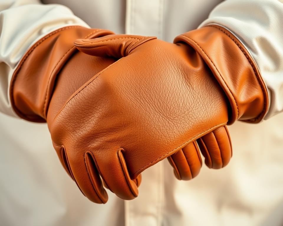 A close-up shot of a pair of high-quality beekeeper's gloves, showcasing their durability and protection. The gloves are made of thick, supple leather with reinforced stitching and a gauntlet-style cuff to shield the forearms. Subtle textures and grain patterns add visual interest. The gloves are positioned against a soft, neutral background, allowing them to take center stage. Warm, natural lighting highlights the gloves' craftsmanship and functionality, conveying a sense of reliable protection for the hands of a dedicated beekeeper.