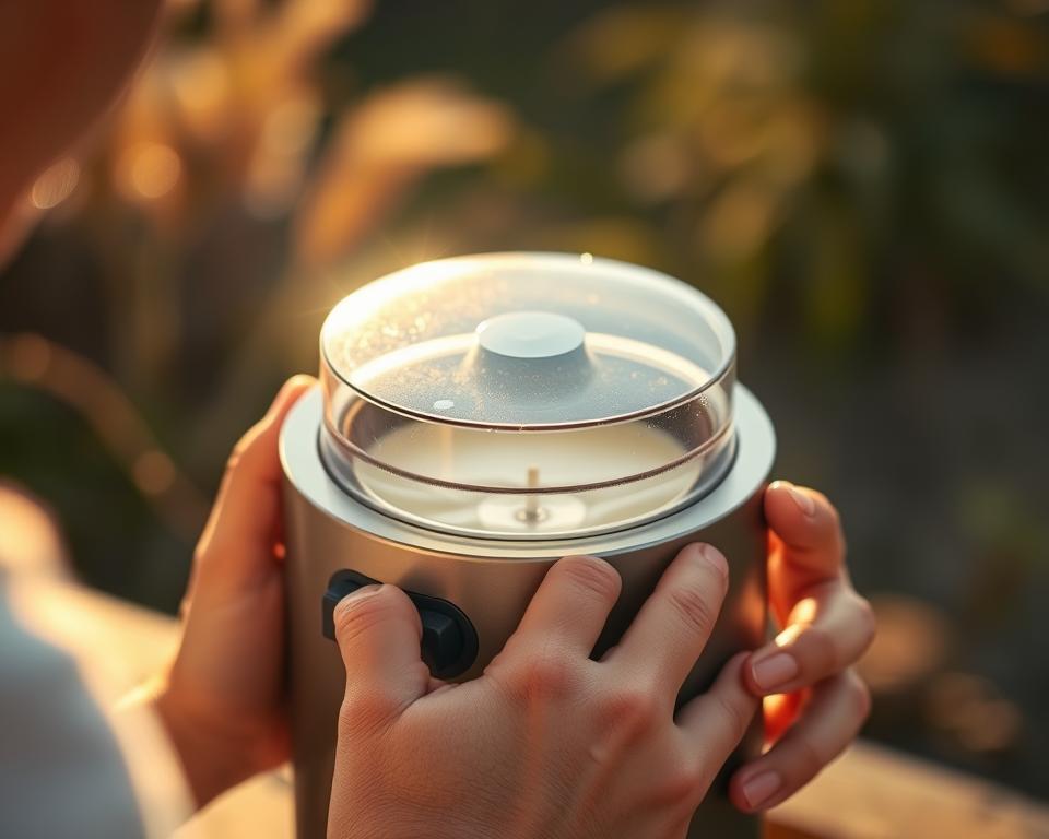 A close-up shot of a person's hands using a solar-powered wax melter, their face not visible. The melter is made of sleek, modern materials, with a transparent lid showcasing the molten wax within. Warm, natural sunlight bathes the scene, casting a soft, golden glow. The user's expression is one of focused concentration as they adjust the melter's settings, their fingers delicately handling the controls. The background is slightly blurred, emphasizing the melter as the central point of interest. The overall mood is one of efficiency, craftsmanship, and the satisfaction of using a well-designed, eco-friendly tool.