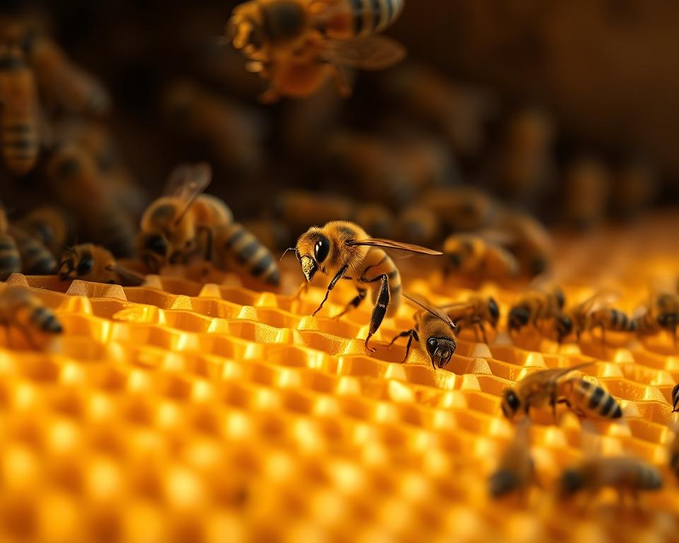 A close-up shot of a queen bee rearing in a beehive, with intricate hexagonal comb structures in the foreground. The scene is illuminated by a warm, golden light, casting a soft, natural glow over the delicate wax and buzzing workers. The queen, surrounded by her attentive attendants, is visible in the middle ground, her regal presence commanding the viewer's attention. The background features a blurred, hazy view of the hive's interior, conveying a sense of depth and the industrious activity within. The overall mood is one of quiet reverence and the wonder of nature's engineering.