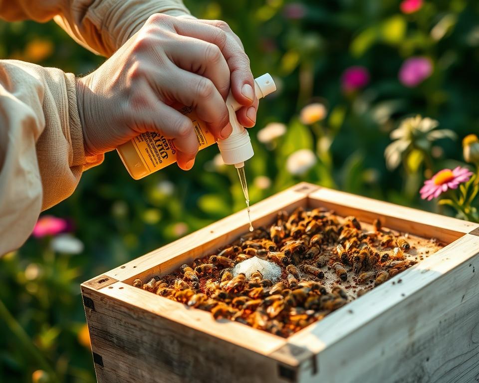 A close-up view of a beekeeper's hands carefully applying a natural, organic treatment solution to a honey bee hive. The hive is positioned in a lush, verdant garden setting, with vibrant flowers and foliage in the background. Soft, warm lighting bathes the scene, creating a serene and focused atmosphere. The beekeeper's movements are delicate and precise, conveying a sense of expertise and care for the well-being of the honey bees. The image showcases the importance of proper disease management techniques to maintain the health and productivity of a honey bee colony.