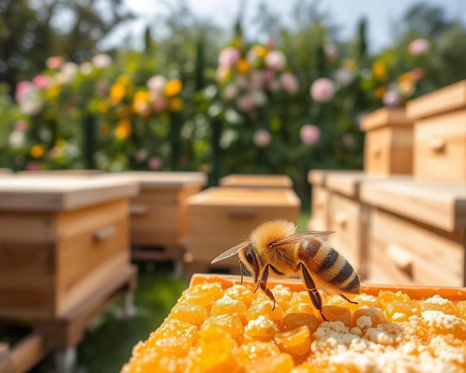 A close-up view of a honey bee feeding on a honeycomb, surrounded by a tidy, well-organized apiary setup. The bee is positioned in the foreground, its fuzzy body and delicate wings in sharp focus, captured in a warm, golden-toned lighting that highlights the intricate details of its anatomy. In the middle ground, a series of modern, modular beehive boxes are neatly arranged, their clean lines and natural wood tones complementing the organic shapes of the honeycomb. The background features a lush, verdant garden setting, with blooming flowers and foliage providing a picturesque backdrop. The overall scene conveys a sense of harmony and efficiency, reflecting the careful integration of feeding systems and hive management practices.