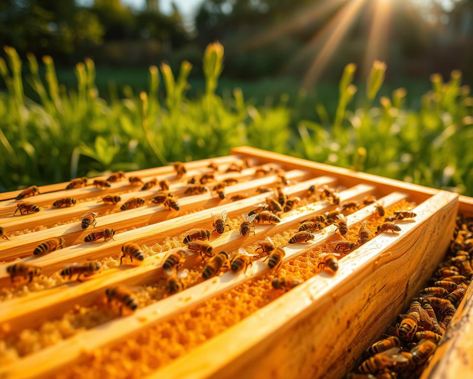 A close-up view of a well-maintained bee colony, with workers diligently tending to the frames inside a wooden hive. The hive is positioned in a lush, verdant garden setting, bathed in warm, golden afternoon sunlight filtered through wispy clouds. The frames are made of sturdy, light-colored wood, with carefully constructed honeycomb cells in various stages of development. Bees can be seen moving between the frames, their fuzzy bodies covered in pollen as they go about their essential tasks. The scene conveys a sense of harmony and industrious activity, reflecting the optimal conditions for healthy bee colony management.