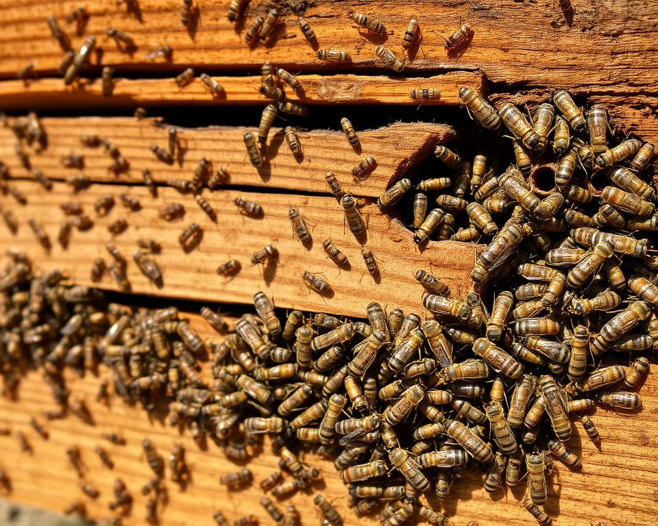 A close-up view of a wooden beehive, its exterior overrun with a variety of pests. In the foreground, a swarm of mites scurry across the surface, their tiny legs and bodies magnified under natural lighting. In the middle ground, clusters of beetles and larvae burrow into the hive's cracks and crevices, disrupting the delicate balance of the colony. The background depicts a blurred, hazy landscape, emphasizing the intimate focus on the beehive's unwanted inhabitants. The overall scene conveys a sense of tension and the need for vigilance in maintaining a healthy, thriving beehive.