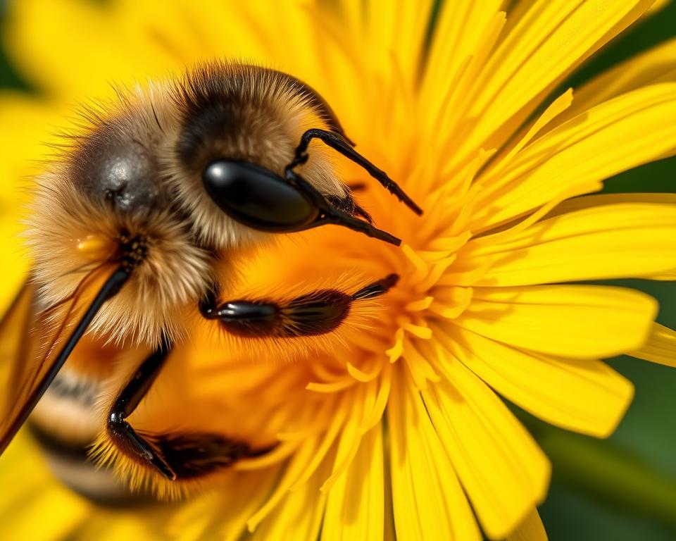A close-up view of a worker bee feeding on a vibrant yellow dandelion flower, its proboscis extended to gather nectar. The bee's body is covered in fine hairs, its compound eyes reflecting the intricate details of the bloom. The lighting is soft and diffused, casting gentle shadows that accentuate the texture of the petals and the bee's fuzzy abdomen. The background is slightly blurred, creating a sense of depth and focus on the central subject. The overall mood is one of natural harmony, highlighting the essential role of bees in the ecosystem and their nutritional requirements.