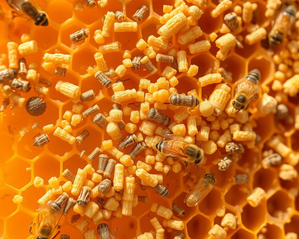 A close-up view of beneficial bacteria colonies thriving on the surface of a honeycomb. The foreground showcases a diverse array of rod-shaped, spherical, and spiral-shaped microbes, each teeming with life and activity. In the middle ground, pollen grains and nectar droplets provide a rich, natural substrate for the probiotics to flourish. The background depicts the intricate, hexagonal structure of the honeycomb, bathed in soft, warm lighting that accentuates the golden hues of the wax. The overall scene conveys a sense of harmony, balance, and the vital role these invisible microbial allies play in supporting the health and vitality of honey bees.