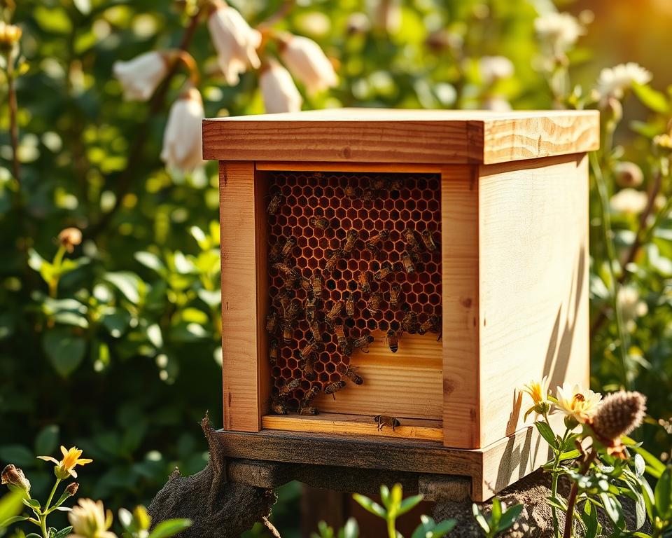 A compact and orderly nucleus hive stands in a sun-dappled apiary, its wooden exterior weathered and honey-hued. Delicate comb structures are visible through the hive's observation window, showcasing the intricate architecture of the colony within. Bees flit to and fro, their golden bodies glistening as they transport pollen and nectar. The hive is situated amidst lush greenery, with verdant foliage and blooming flowers in the background, creating a harmonious, naturalistic scene. Soft, warm lighting bathes the entire composition, imbuing it with a sense of tranquility and productivity. The overall impression is one of a thriving, self-contained ecosystem - a microcosm of the industrious, interconnected world of the honeybee.