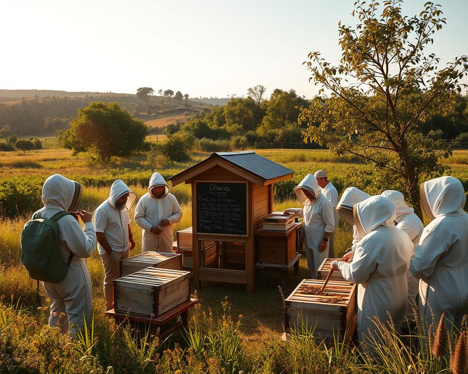 A cozy beekeeping community gathered around a tranquil apiary, bathed in warm, golden afternoon light. In the foreground, a group of enthusiastic beekeepers tending to their hives, dressed in traditional veiled suits. In the middle ground, a small wooden shed serves as a gathering place, with a chalkboard displaying the day's activities. In the background, a lush, verdant landscape dotted with wildflowers and fruit trees provides a picturesque setting. The scene conveys a sense of camaraderie, shared knowledge, and a deep connection to the natural world.