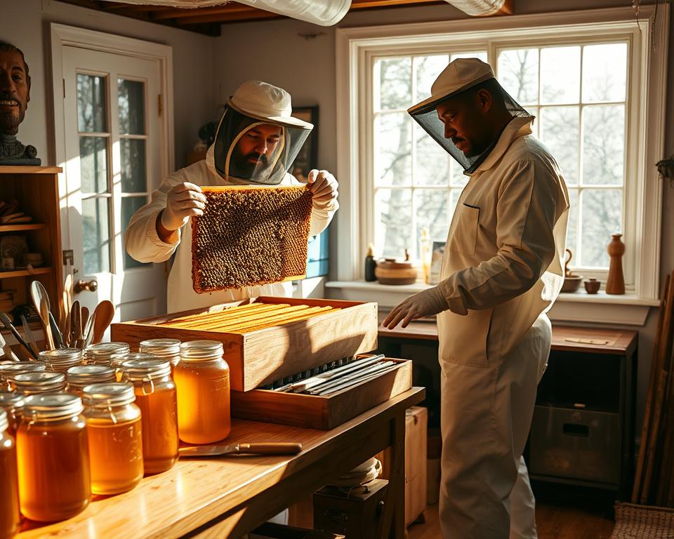 A cozy, well-lit home workshop, with an experienced beekeeper tending to their hive. The beekeeper, adorned in a protective suit, carefully lifts the frames, examining the intricate honeycomb structure. Jars of golden honey and a variety of beekeeping tools are neatly arranged on a wooden workbench, casting warm shadows on the walls. The room is filled with a sense of tranquility and purpose, reflecting the confidence and skill of the beekeeper. A large window allows natural light to flood the space, creating a serene and inviting atmosphere for the viewer to imagine themselves immersed in the art of beekeeping.