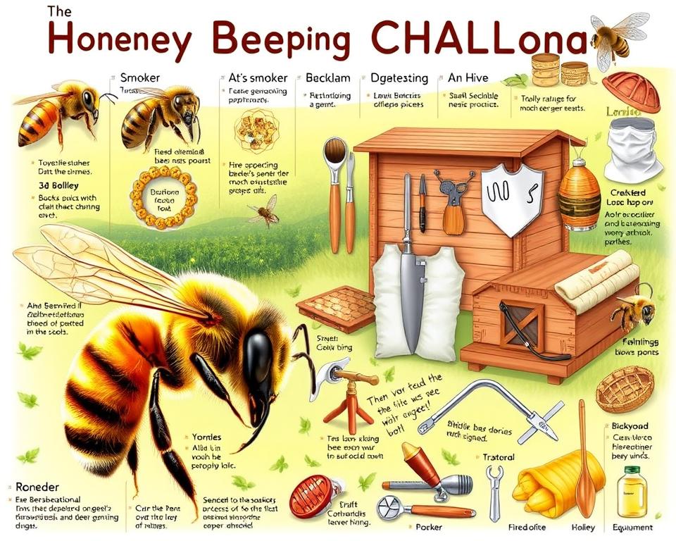 A detailed and intricate illustration of honeybee terminology, showcasing the key elements and challenges associated with beekeeping. Crisp and vibrant colors, with a warm natural lighting that illuminates the various tools, equipment, and beekeeping components. The foreground features a close-up view of a worker bee, its delicate wings and intricate features rendered with precision. The middle ground displays an array of beekeeping equipment, including a smoker, hive tool, and protective gear, arranged in a visually appealing layout. The background depicts a lush, verdant landscape, with a subtle hive structure in the distance, hinting at the broader context of the beekeeping practice. The overall composition conveys a sense of educational focus and practical application, suitable for illustrating the "Common Beekeeping Challenges" section of the article.