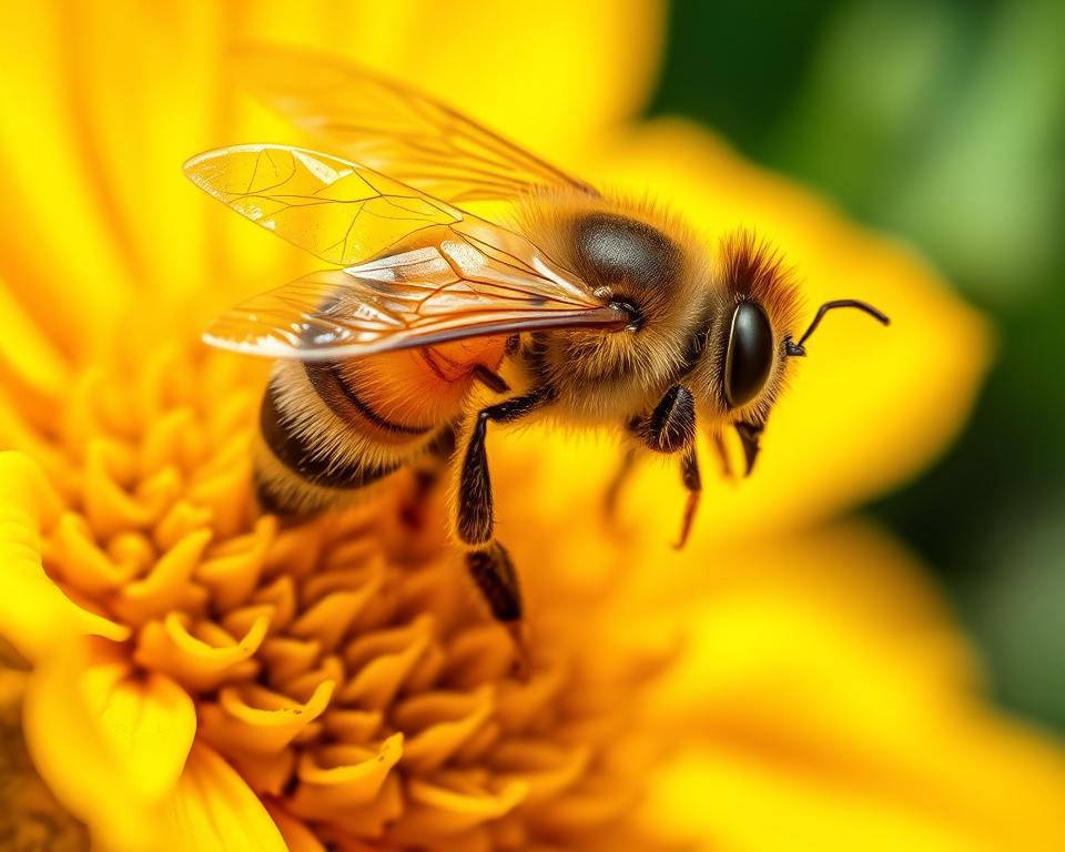 A detailed macro photograph showcasing the intricate foraging patterns of a busy honey bee, captured in crisp, high-resolution detail. The bee hovers gracefully over a vibrant, pollen-rich flower, its furry body and translucent wings frozen in time, providing a mesmerizing glimpse into the complex dance of pollination. The image is bathed in soft, natural lighting, highlighting the bee's delicate features and the lush, textured petals surrounding it. The composition places the bee as the central focus, with a blurred, out-of-focus background that gently frames the scene, creating a sense of depth and emphasis on the insect's important role in the ecosystem.