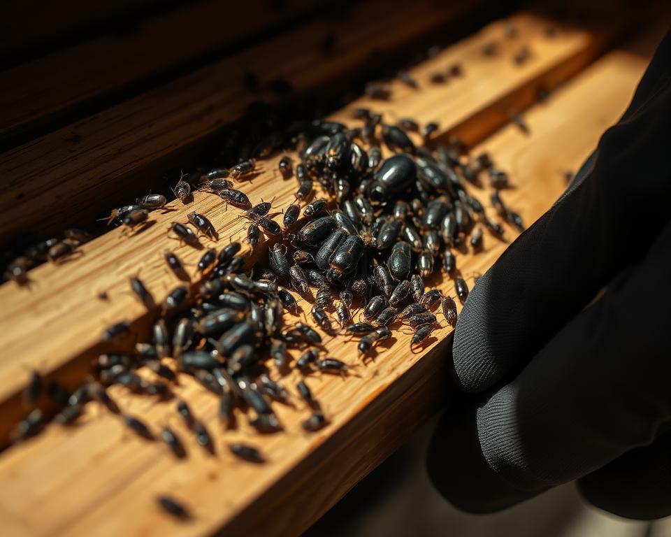 A dimly lit, close-up view of a wooden beehive frame, its surface crawling with small, dark-colored insects. The hive beetles, their segmented bodies and antennae clearly visible, are carefully inspected by a beekeeper's gloved hand, examining their activity and population. Soft, natural lighting casts subtle shadows, emphasizing the texture of the wooden frame and the intricate details of the pests. The overall tone is one of focused observation, with a sense of watchfulness and the need to monitor these unwelcome guests in the hive.