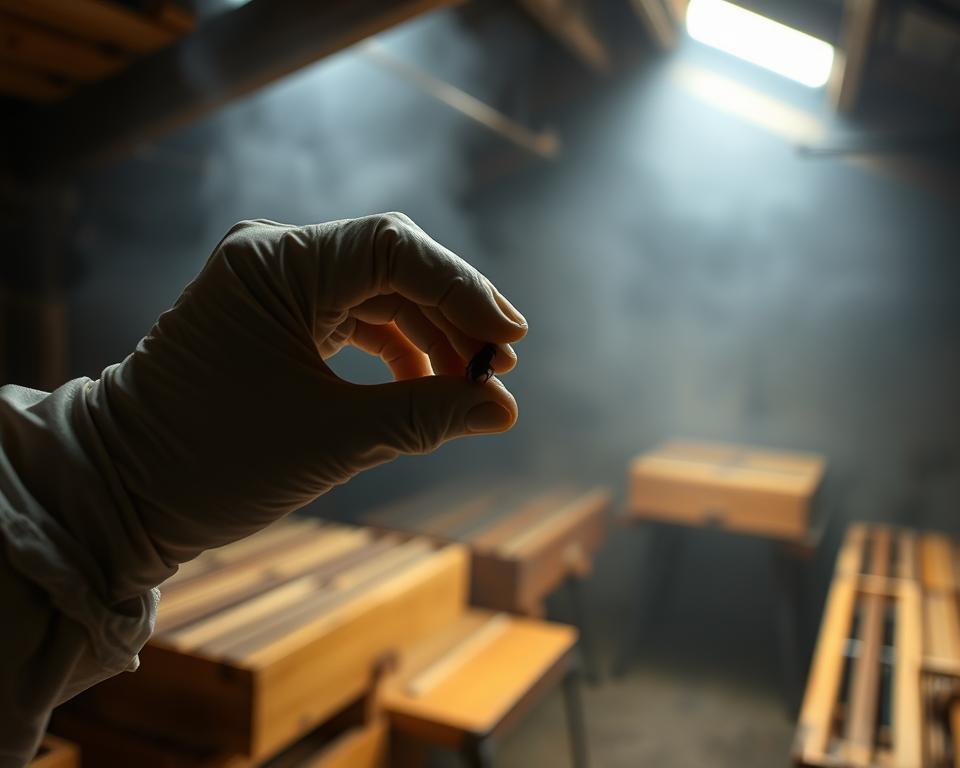 A dimly lit, humid apiary interior. In the foreground, a beekeeper's gloved hand carefully manipulates a small, dark-colored beetle, examining it under natural light. In the middle ground, rows of wooden hive boxes sit on shelves, their surfaces glistening with condensation. The background is hazy, conveying the warm, moist atmosphere essential for controlling small hive beetles organically. The scene is shot with a shallow depth of field, emphasizing the beekeeper's focused attention on the pest. Soft, diffused lighting from above casts subtle shadows, highlighting the textural details of the hive components and the beekeeper's movements.