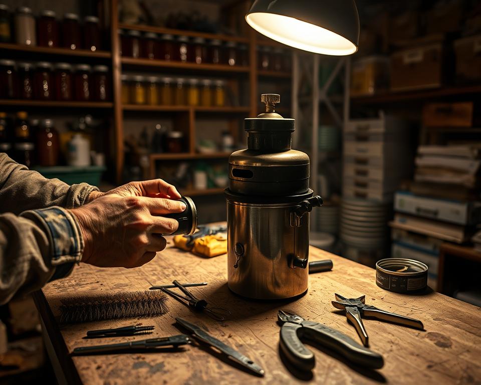 A dimly lit workshop, the warm glow of a workbench lamp illuminating a well-used beekeeping smoker. In the foreground, a beekeeper's calloused hands carefully disassemble the device, meticulously inspecting each component. The middle ground showcases an array of smoker maintenance tools - a wire brush, a set of pliers, and a small tin of smoker fuel. In the background, shelves filled with jars of honey and stacks of beekeeping equipment hint at the beekeeper's expertise. The scene conveys a sense of focus and dedication, as the beekeeper ensures their essential tool is in optimal condition for the next hive inspection.