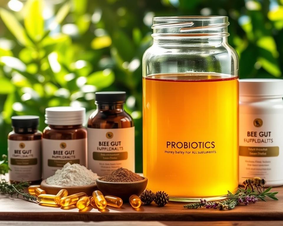 A glass jar filled with amber-colored liquid, surrounded by a assortment of bee gut health supplements - capsules, powder, and herbal extracts. The jar is placed on a wooden table, with a backdrop of lush green foliage and a bright, warm light filtering through. The composition emphasizes the natural, organic elements of the scene, creating a sense of purity and wellness. The lighting casts soft shadows, highlighting the textures and colors of the supplements. The overall mood is one of tranquility and vitality, reflecting the benefits of probiotics for honey bees.