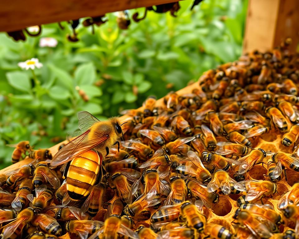 A hive filled with the buzzing activity of a queen bee surrounded by her industrious workers. In the foreground, the elegant queen, her golden body adorned with intricate patterns, presides over her domain. Midground, worker bees diligently construct honeycomb cells, their wings a blur as they gather and deposit nectar. In the background, a lush, verdant garden provides the resources for this thriving colony. Soft, diffused lighting casts a warm, natural glow, accentuating the dynamic movement and the delicate details of this innovative queen rearing environment.