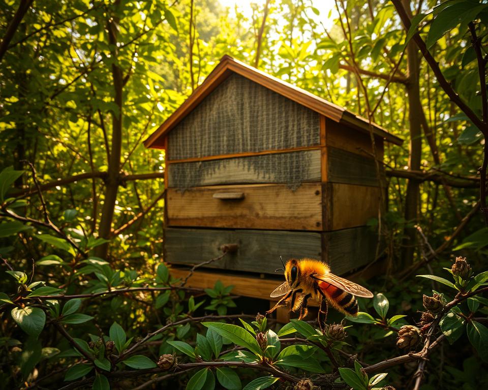 A hive nestled in a lush, verdant forest, surrounded by a protective barrier of thorny shrubs and vines. The hive's exterior glistens with a protective coating, shielding the industrious bees within from the prying eyes of predators. Dappled sunlight filters through the canopy, casting a warm, golden glow over the scene. In the foreground, a vigilant honeybee stands guard, its compound eyes scanning the environment for any signs of danger. The background is a tapestry of earthy tones, with the distant sound of birdsong adding to the tranquil atmosphere. This image conveys the resilience and adaptability of the hive, as it employs both natural and chemical defenses to safeguard its precious inhabitants.