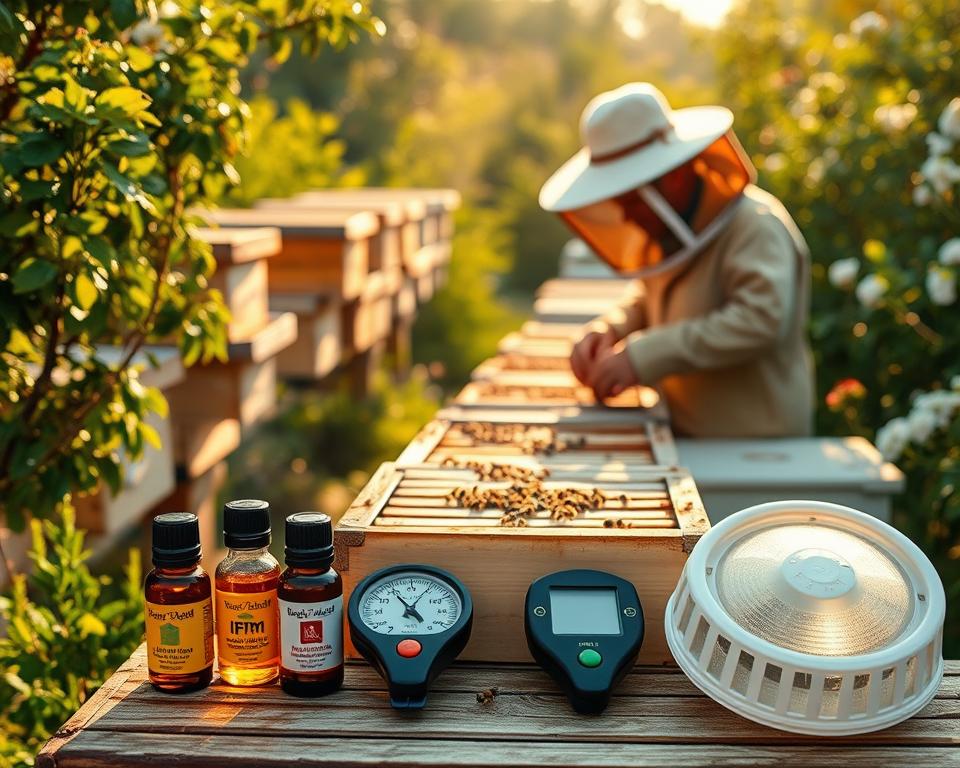 A lush apiary filled with thriving beehives, as a beekeeper carefully inspects the frames for signs of varroa mites. The scene is bathed in warm, golden light, creating a sense of tranquility and purpose. In the foreground, a selection of IPM tools - essential oils, a hygrometer, and a mite-trapping device - are neatly arranged, showcasing the integrated approach to managing this invasive pest. The background depicts verdant foliage and blooming flowers, symbolizing the delicate balance of the ecosystem. The image conveys the beekeeper's dedication to maintaining the health and vitality of their colony through sustainable, eco-friendly practices.