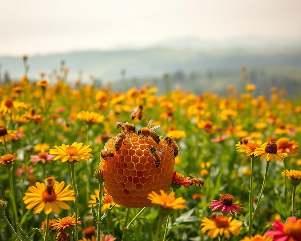 A lush, verdant field of vibrant wildflowers, with a central focus on a busy honeybee colony. The bees, rendered in intricate detail, hover and flit among the nectar-rich blossoms, their fuzzy bodies and translucent wings capturing the warm, golden light. In the foreground, a cluster of honeycomb structures emerge, showcasing the bees' industrious efforts to collect and store the nectar. The background features a serene, hazy landscape, with rolling hills and a distant, hazy horizon, creating a sense of depth and tranquility. The overall scene conveys the harmony between the bees and their natural environment, highlighting the importance of proper bee nutrition for their survival and the health of the ecosystem.