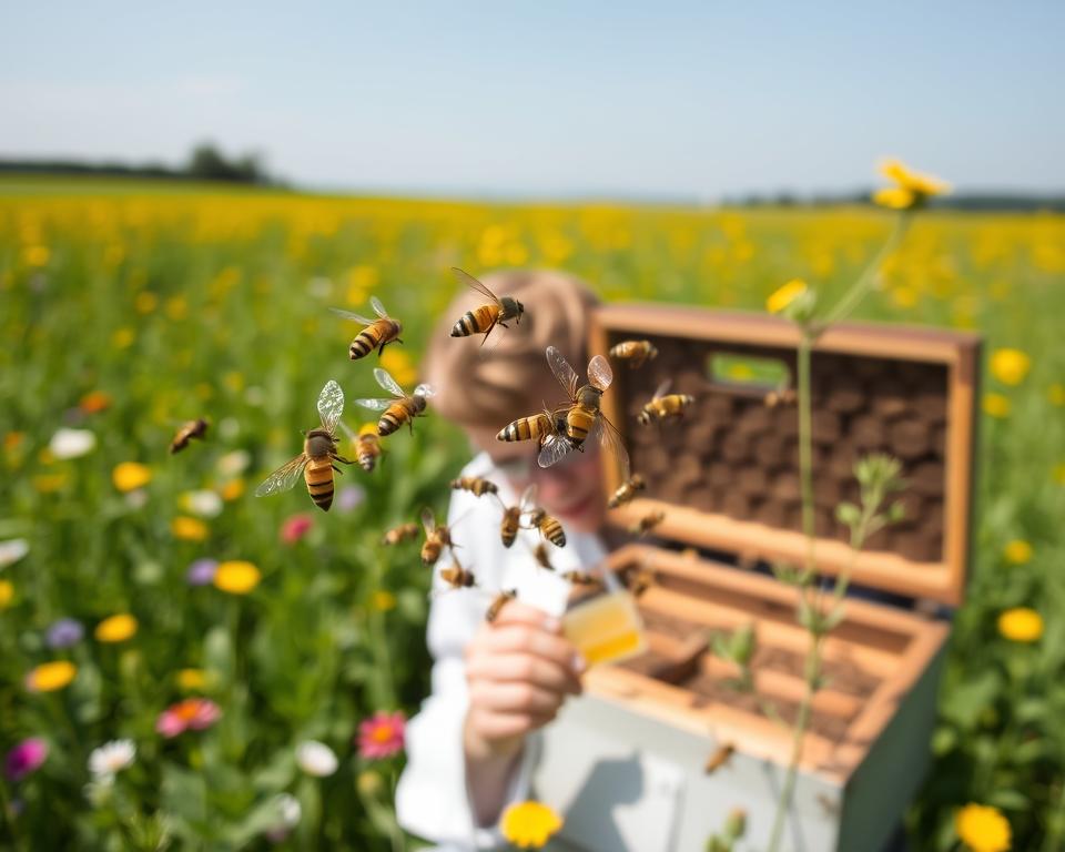 A lush, verdant field serves as the backdrop, dotted with vibrant wildflowers and a clear blue sky above. In the foreground, a group of industrious honeybees hover around an open beehive, their delicate wings beating in a mesmerizing rhythm. The lighting is soft and natural, casting a warm glow over the scene. In the middle ground, a scientist in a white lab coat carefully examines a sample, their brow furrowed in concentration, capturing the critical research efforts to understand the decline in bee populations and its impact on agriculture. The overall mood is one of scientific inquiry and environmental concern, inviting the viewer to ponder the complex challenges facing these essential pollinators.