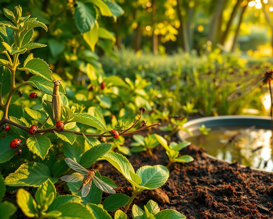 A lush, verdant garden scene showcasing various biological pest control methods. In the foreground, ladybugs and lacewings crawl among the leaves, hunting for aphids. In the middle ground, a praying mantis perches on a branch, its alert gaze scanning for pests. Swarms of beneficial nematodes and parasitic wasps are barely visible in the rich soil. In the background, a serene pond hosts a colony of dragonflies, natural predators of mosquitoes. Warm, golden sunlight filters through the canopy, casting a gentle glow over the tranquil scene. The overall mood is one of harmony and natural balance, illustrating the power of harnessing nature's own defenses against unwanted pests.