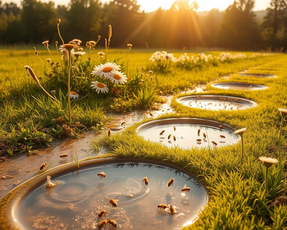 A lush, verdant meadow under a warm, golden afternoon sun. In the foreground, a series of shallow, gently sloping watering holes filled with crystal-clear water, their edges dotted with blooming wildflowers and clover. Bees of various species flit and hover around the water's edge, quenching their thirst. In the middle ground, a row of flowering bushes and shrubs provide nectar sources and perches for the industrious pollinators. The background features a hazy, softly blurred forest, creating a sense of depth and tranquility. The overall scene evokes a serene, bee-friendly oasis, capturing the seasonal water needs of thriving bee populations.
