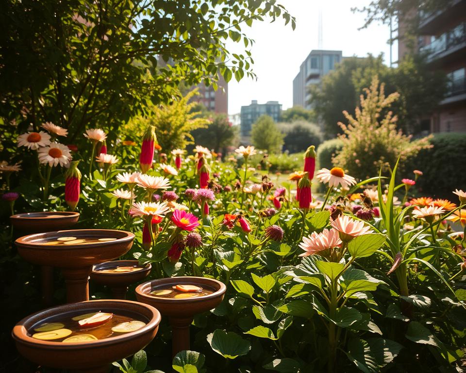 A lush, verdant urban garden on a sunny afternoon, with carefully designed bee watering stations nestled amongst blooming flowers and lush foliage. In the foreground, a variety of shallow birdbaths and ceramic dishes filled with fresh water, their surfaces dotted with floating leaves and petals. The middle ground showcases a mix of native plants and flowering shrubs, providing nectar-rich blossoms that attract a vibrant congregation of buzzing bees. In the background, the silhouettes of nearby buildings and trees create a sense of enclosure, emphasizing the importance of these oases within the urban landscape. The scene is illuminated by warm, diffused natural lighting, casting a soft, inviting glow over the entire composition.
