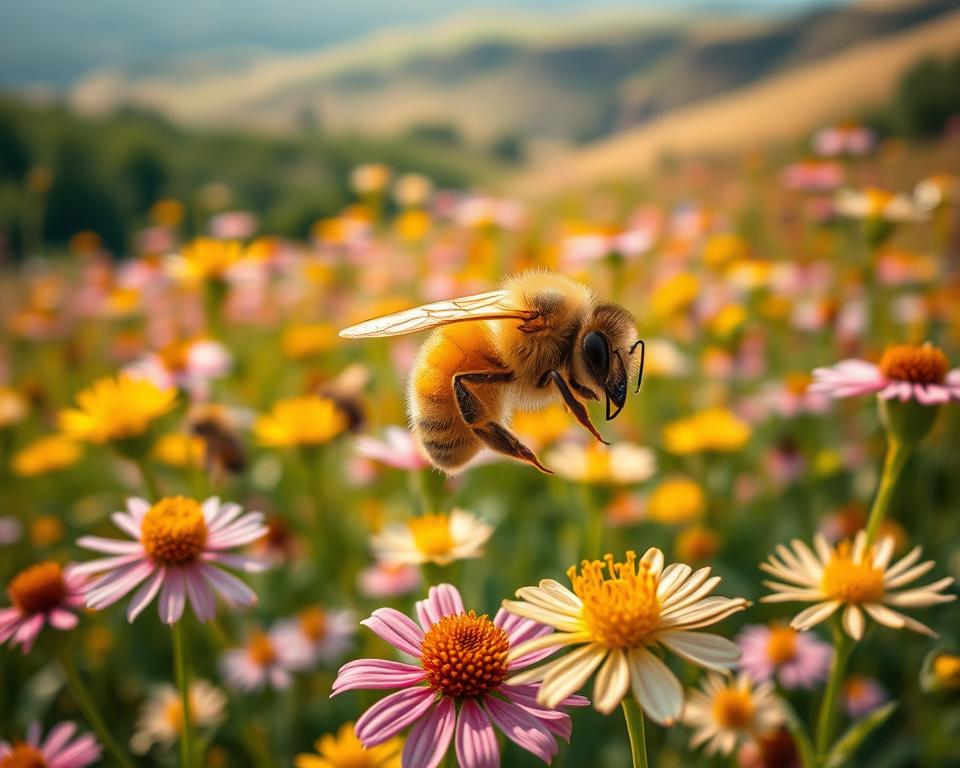 A lush, vibrant field of blooming wildflowers, with a swarm of honey bees busily pollinating the petals. In the foreground, a close-up shot of a single bee, its fuzzy body dusted with golden pollen grains. Soft, warm lighting illuminates the scene, casting a natural glow. The background features a hazy, out-of-focus landscape, emphasizing the bee's intricate details. The composition conveys the importance of biodiversity and the symbiotic relationship between bees and flowering plants, essential for a healthy ecosystem. The image evokes a sense of wonder and appreciation for the wonder of nature.