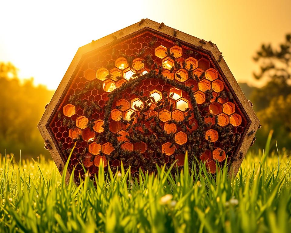 A magnificent bee castle hive, its hexagonal structure rising majestically against a warm, golden sky. The intricate, honeycomb-patterned walls glisten with the industrious activity of thousands of buzzing bees, their graceful movements choreographed in a symphony of pollination. Sunlight filters through the hive's openings, casting a soft, ethereal glow that highlights the hive's geometric perfection. In the foreground, a lush, verdant meadow serves as a verdant, natural backdrop, completing the scene of this unique and captivating bee dwelling.