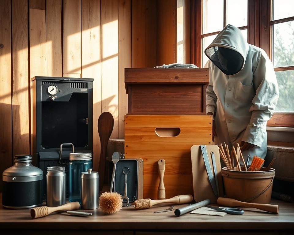 A neatly arranged display of essential beekeeping supplies, showcasing a wooden beehive box, a smoker, a beekeeping suit, a bee brush, and various tools against a warm, rustic background. Diffused natural lighting from a nearby window casts soft shadows, creating a cozy, inviting atmosphere. The image is captured at a medium angle, allowing for a comprehensive view of the equipment while maintaining a sense of depth and perspective. The overall composition evokes a sense of preparedness and anticipation for the upcoming beekeeping activities.