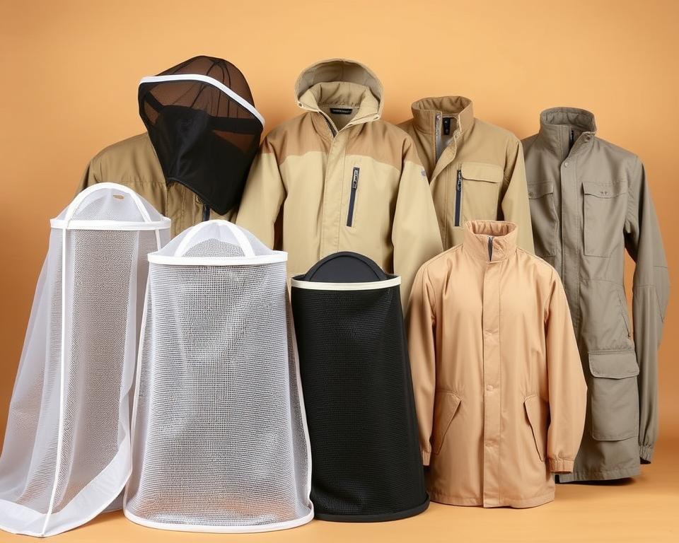 A neatly arranged display of various bee veil and jacket options in a warm, softly lit studio setting. In the foreground, a selection of protective bee veils in different styles and fabrics, their fine mesh textures clearly visible. Behind them, a row of quality beekeeping jackets in neutral tones, featuring zippers, vents, and reinforced panels. The middle ground showcases the jackets' close-up details, highlighting their practical features. The background maintains a clean, uncluttered backdrop, allowing the products to take center stage. The overall composition conveys a sense of professionalism, functionality, and consideration for the beekeeper's safety and budget.