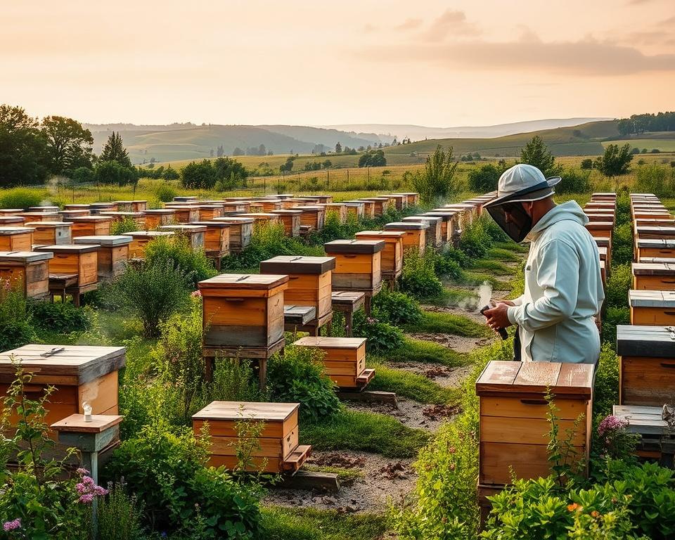 A neatly organized apiary, with rows of traditional wooden beehives nestled amidst a lush, verdant garden. In the foreground, a beekeeper examines one of the hives, armed with a smoker and protective gear, carefully inspecting for signs of pests or disease. The middle ground features an array of natural pest deterrents, such as fragrant herbs, flowering plants, and strategically placed bird houses. In the background, a serene pastoral scene unfolds, with rolling hills and a cloudless, warm-toned sky, evocative of a peaceful, harmonious coexistence between bees and their caretakers. Soft, diffused lighting illuminates the scene, creating a sense of tranquility and professionalism in the approach to effective hive pest solutions.
