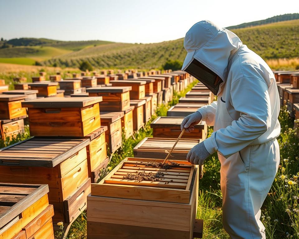 A neatly organized apiary, with rows of wooden beehives nestled amidst a lush, flowering meadow. The hives are bathed in warm, golden sunlight, casting soft shadows across the scene. In the foreground, a beekeeper in a crisp white protective suit carefully inspects the contents of an open hive, evaluating the health and productivity of the colony. The middle ground showcases the bustling activity of the bees, their wings a blur as they dart in and out of the hive entrances, gathering nectar and pollen. In the distance, rolling hills dotted with wildflowers provide a picturesque backdrop, creating a sense of tranquility and harmony. The overall atmosphere conveys the diligence and care required to assess a hive's honey production potential.
