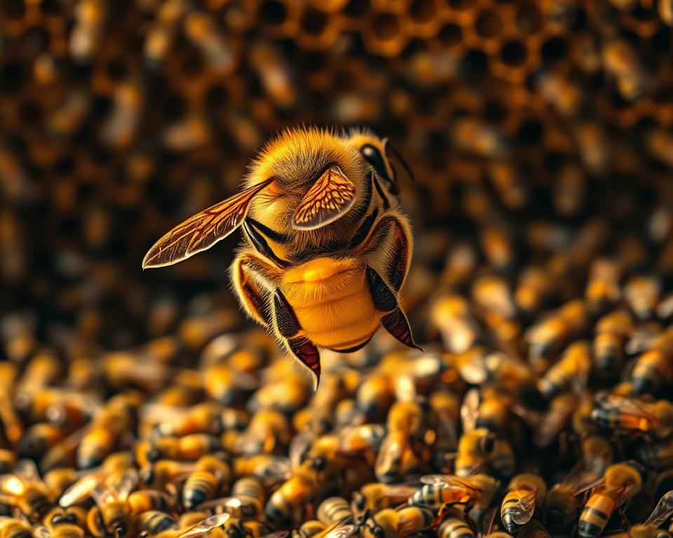 A regal, golden-hued queen bee, her abdomen swollen with vitality, presides over a bustling hive. The scene is bathed in warm, soft lighting, casting a dreamy, honeyed glow. In the foreground, the queen's intricate, patterned carapace and delicate wings are rendered in meticulous detail. The middle ground is filled with a flurry of worker bees, their industrious movements captured in a blur of activity. In the background, the hive's intricate comb structure and nested chambers provide a rich, organic backdrop. The overall mood is one of productivity, health, and the essential role of the queen in the delicate ecosystem of the colony.