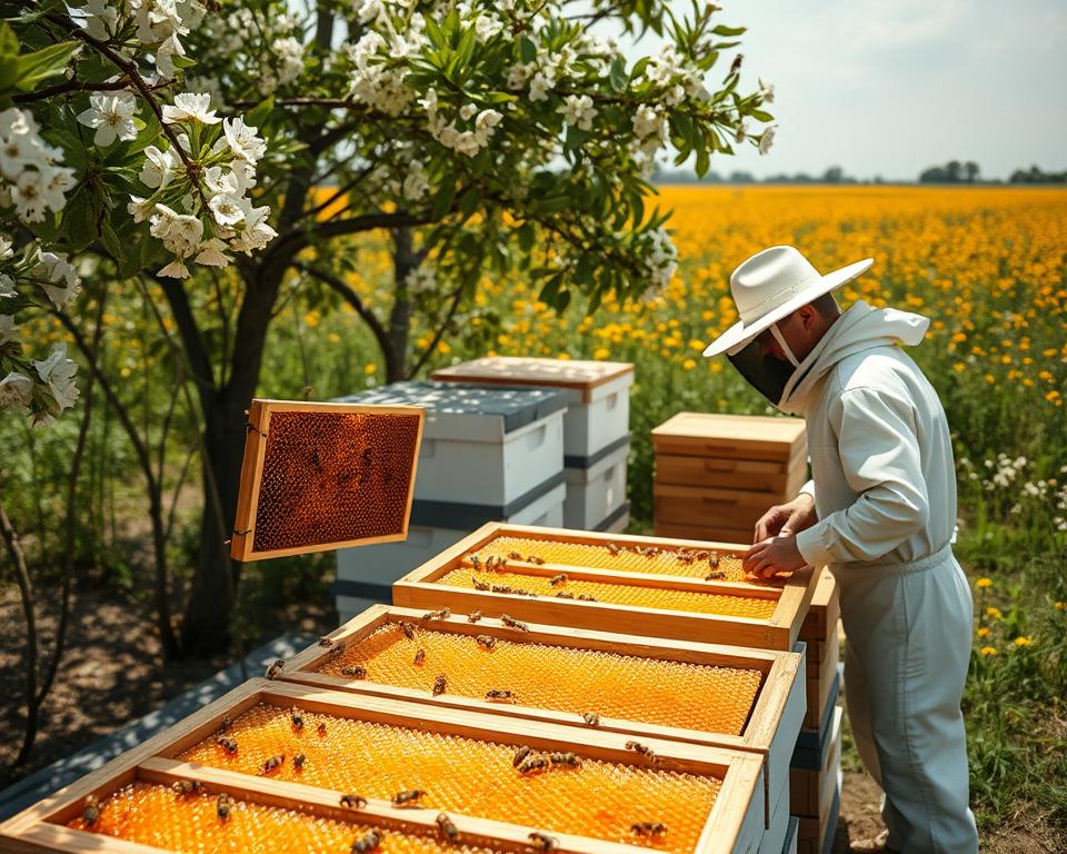 A serene apiary on a sun-dappled summer day, bees diligently pollinating lush blossoms. In the foreground, a beekeeper in a crisp white suit carefully inspects honeycomb-laden frames, assessing the optimal timing for a bountiful harvest. The middle ground reveals stacks of wooden supers, their golden contents ready to be extracted. In the background, a sprawling field of vibrant wildflowers frames the scene, underscoring the harmony between nature and the art of beekeeping. Diffused natural light casts a warm, inviting glow, capturing the essence of this pivotal moment in the honey harvesting cycle.