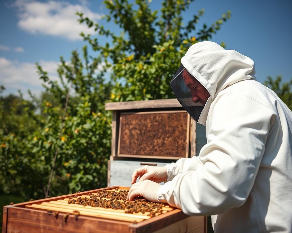 A serene apiary on a sunny day, with a beekeeper carefully inspecting a hive to prevent robbing. In the foreground, the beekeeper in a white protective suit, examining the frames with a calm, focused expression. In the middle ground, the hive's entrance is fortified with a robbing screen, deterring intruder bees. The background features lush, verdant foliage and a clear blue sky, creating a tranquil, natural atmosphere. Soft, diffused lighting illuminates the scene, highlighting the intricate details of the hive and the beekeeper's actions. The overall mood conveys the importance of proactive hive management in maintaining a healthy, productive apiary and preventing the theft of valuable resources by robbing bees.