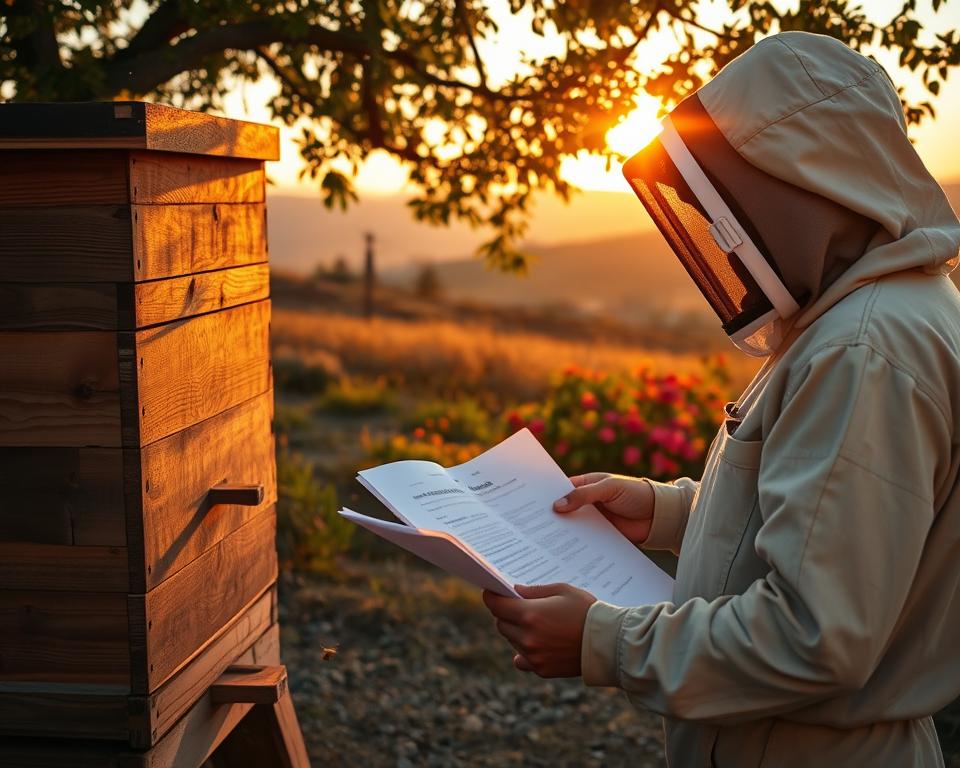 A serene apiary scene with a beekeeper reviewing a stack of legal documents under the warm glow of a setting sun. In the foreground, a wooden beehive stands proud, its intricate patterns and textures visible. The beekeeper, clad in a protective suit, examines the papers carefully, conveying the importance of understanding local regulations. In the middle ground, a well-tended garden of vibrant flowers adds a touch of natural beauty. The background features a quaint rural landscape, with rolling hills and a distant horizon, creating a sense of tranquility and connection to the land. The lighting is soft and golden, evoking a sense of contemplation and the weight of responsibility that comes with responsible beekeeping.