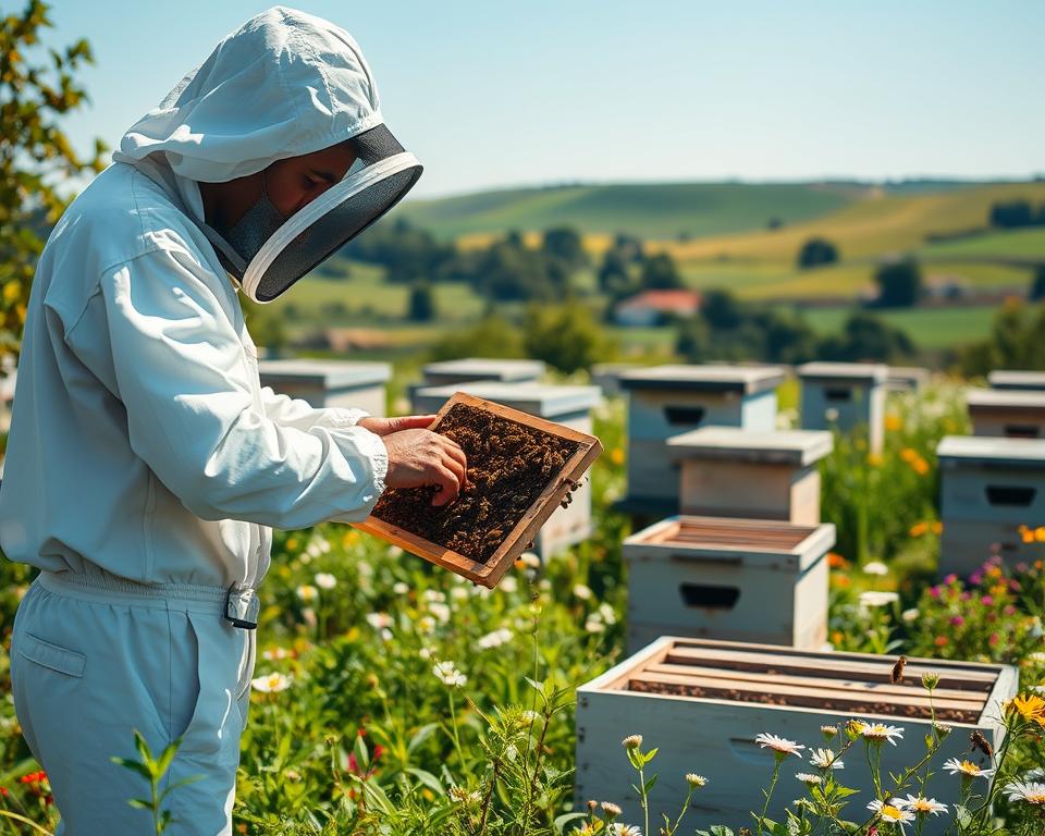 A serene beekeeping inspection scene in a lush, verdant apiary. In the foreground, a beekeeper in a white protective suit carefully inspects a wooden beehive frame, gently examining the busy honeybees at work. The middle ground features several other hives arranged neatly, their entrances abuzz with the steady flight of pollinators. In the background, a picturesque countryside landscape unfolds, with rolling hills, blooming wildflowers, and a clear, blue sky overhead, illuminated by warm, natural lighting. The overall atmosphere conveys a sense of tranquility, harmony, and the dedicated care required for successful hive management.
