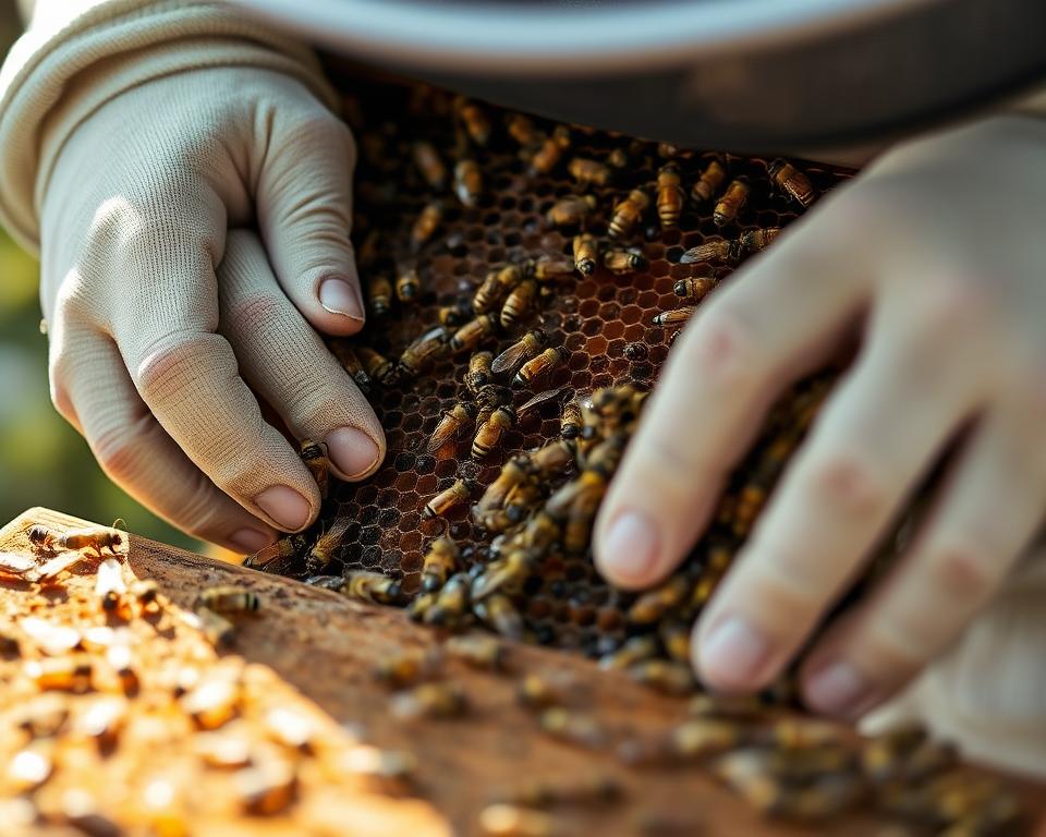 A serene, close-up view of an experienced beekeeper's hands skillfully tending to a hive. The frame is filled with the intricate details of the honeycomb structure, bees busily pollinating, and the beekeeper's protective gear. The lighting is soft and natural, casting a warm glow on the scene. The background is blurred, keeping the focus on the delicate task at hand. This image conveys the importance of careful, attentive beekeeping practices to maintain healthy colonies and avoid common beginner mistakes.