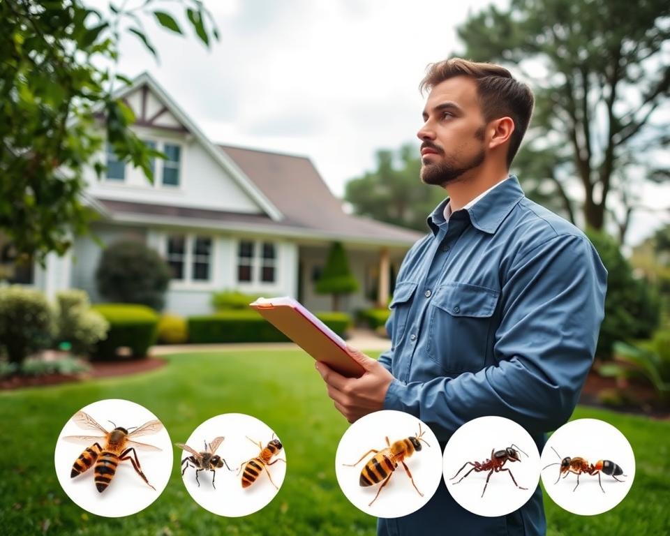 A serene home exterior with a well-manicured lawn and lush greenery. In the foreground, a professional pest control technician in a crisp uniform examines the property, holding a clipboard and observing the surroundings with a thoughtful expression. The middle ground showcases several common insect pests, including bees, wasps, and ants, conveying the challenges of effective swarm prevention. The background features a cloudy, slightly overcast sky, creating a sense of anticipation and the need for professional expertise to address the potential pest issues. The lighting is soft and diffused, emphasizing the importance of a careful, methodical approach to swarm control.