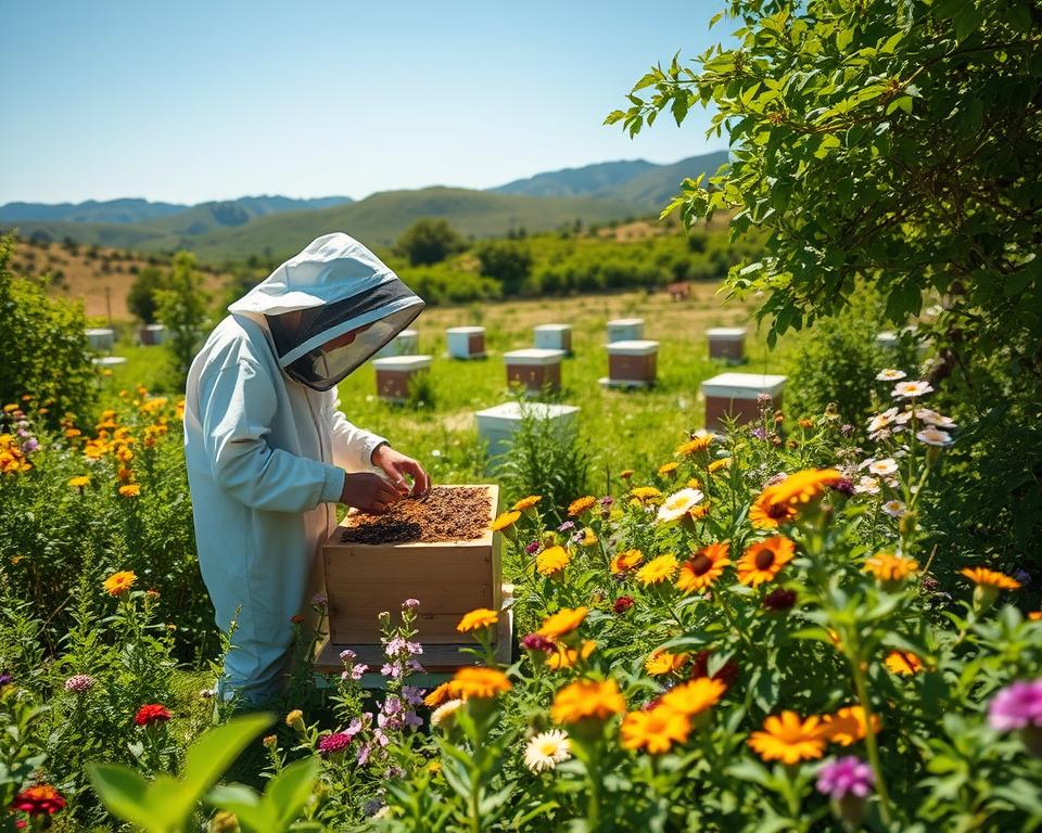 A serene, sun-dappled apiary nestled amidst lush, verdant foliage. In the foreground, a beekeeper clad in a protective suit carefully tends to a hive, their movements gentle and purposeful. Surrounding the hive, an abundance of vibrant, pollinator-friendly flowers sway in a light breeze. In the middle ground, other hives are arranged in an orderly fashion, their residents buzzing with industrious activity. The background features rolling hills and a clear, azure sky, conveying a sense of harmony between the bees, the beekeeper, and the natural environment. The scene exudes a tranquil, eco-friendly atmosphere, showcasing sustainable beekeeping practices that prioritize the well-being of the bees.