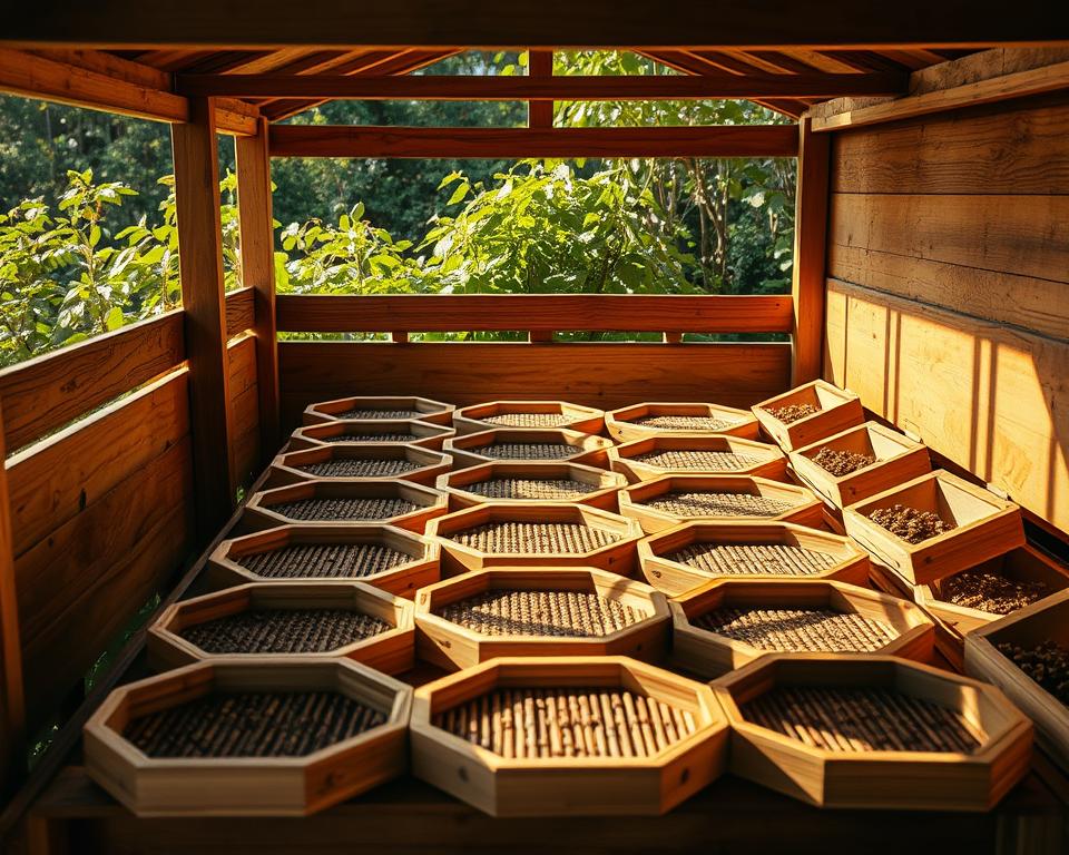 A serene wooden apiary filled with stylized, eco-friendly beehive frames made from sustainable materials like bamboo, rattan, and natural fibers. The frames are arranged in a visually appealing hexagonal pattern, reflecting the innate geometry of a thriving beehive. Soft, diffused lighting illuminates the scene, casting warm shadows and highlighting the organic textures. In the background, a lush, verdant garden frames the hive, showcasing the harmonious integration of apiculture and nature. The overall atmosphere evokes a sense of environmental consciousness and the importance of sustainable beekeeping practices.